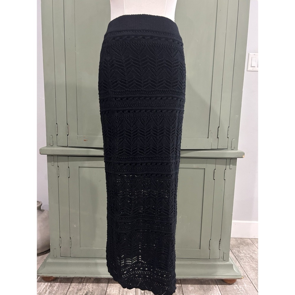 Boho Crochet Maxi Skirt Womens XS Black Aztec Lace Festival Beach Summer Long‎